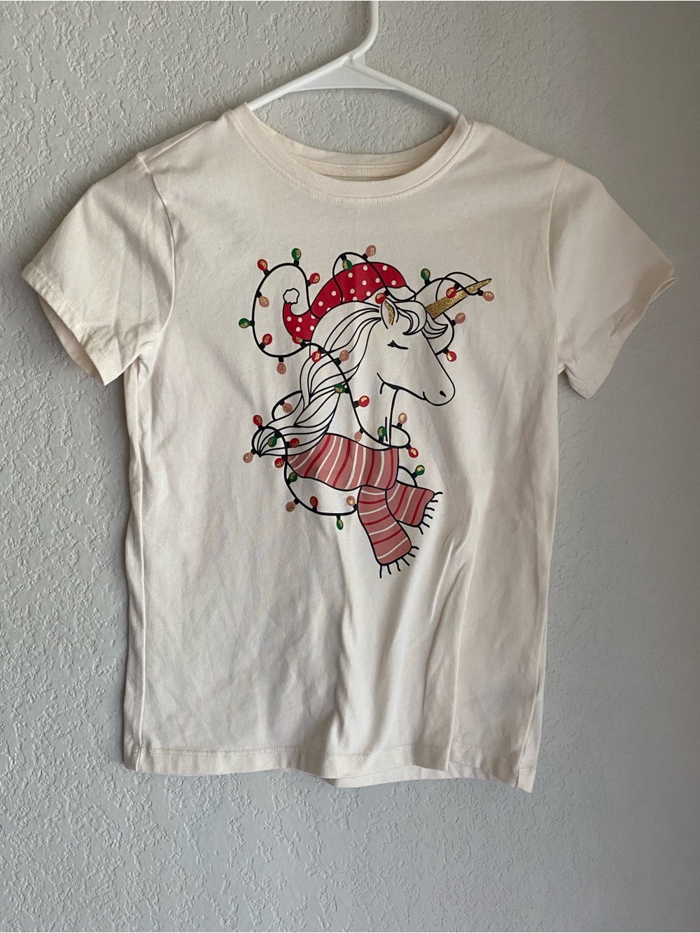 Holiday Time Cream Tee with Festive Unicorn and Red Scarf